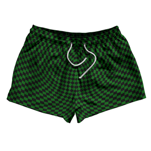 Warped Checkerboard 2.5" Swim Shorts Made in USA - Green Kelly And Black Warped Checkerboard 2.5" Swim Shorts Made in USA - Green Kelly And Black