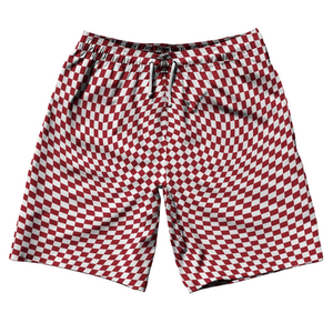 Warped Checkerboard 10" Swim Shorts Made in USA - Red Cardinal And White Warped Checkerboard 10" Swim Shorts Made in USA - Red Cardinal And White