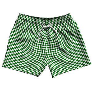 Warped Checkerboard 5" Swim Shorts Made in USA - Green Kelly And White Warped Checkerboard 5" Swim Shorts Made in USA - Green Kelly And White