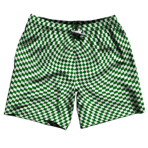 Warped Checkerboard Swim Shorts 7" Made in USA - Green Kelly And White Warped Checkerboard Swim Shorts 7" Made in USA - Green Kelly And White