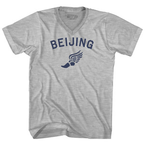 Beijing Running Track Winged Foot Adult Cotton V-neck T-shirt - Grey Heather Beijing Running Track Winged Foot Adult Cotton V-neck T-shirt - Grey Heather