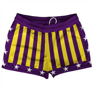 Champ Louisiana Purple Yellow and White Shorty Short Gym Shorts 2.5" Inseam Made In USA Champ Louisiana Purple Yellow and White Shorty Short Gym Shorts 2.5" Inseam Made In USA