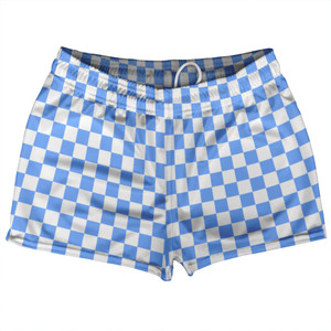 Checkerboard 1 Inch Blue Carolina and White Shorty Short Gym Shorts 2.5" Inseam Made In USA Checkerboard 1 Inch Blue Carolina and White Shorty Short Gym Shorts 2.5" Inseam Made In USA