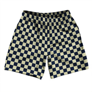 Checkerboard 1 Inch Blue Navy and Vegas Gold Athletic Running Fitness Exercise Shorts 7" Inseam Shorts Made In USA Checkerboard 1 Inch Blue Navy and Vegas Gold Athletic Running Fitness Exercise Shorts 7" Inseam Shorts Made In USA