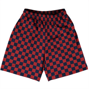 Checkerboard 1 Inch Blue Navy and Red Dark Basketball Practice Shorts Made In USA