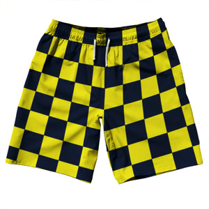 Checkerboard 2.5 Inches Blue Navy and Yellow Bright 10" Swim Shorts Made in USA - Blue Navy and Yellow Bright
