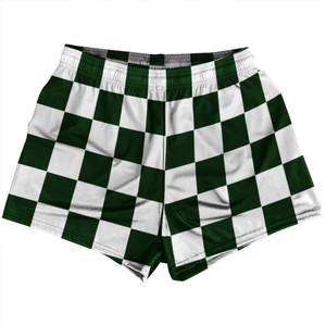 Checkerboard 2.5 Inches Green Forest and White Womens & Girls Sport Shorts End Made In USA - Green Forest and White