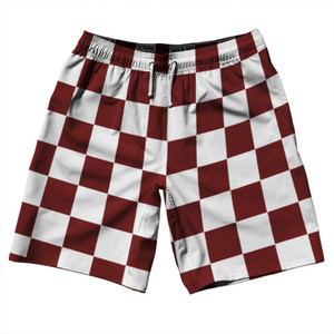 Checkerboard 2.5 Inches Red Maroon and White 10" Swim Shorts Made in USA - Red Maroon and White