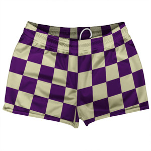 Checkerboard 2.5 Inches Purple Medium and Vegas Gold Shorty Short Gym Shorts 2.5" Inseam Made In USA - Purple Medium and Vegas Gold
