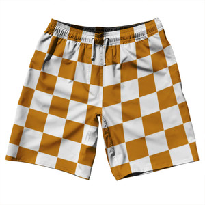 Checkerboard 2.5 Inches Orange Burnt and White 10" Swim Shorts Made in USA - Orange Burnt and White