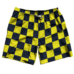 Checkerboard 2.5 Inches Blue Navy and Yellow Bright Swim Shorts 7" Made in USA - Blue Navy and Yellow Bright
