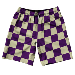 Checkerboard 2.5 Inches Purple Medium and Vegas Gold 10" Swim Shorts Made in USA - Purple Medium and Vegas Gold Checkerboard 2.5 Inches Purple Medium and Vegas Gold 10" Swim Shorts Made in USA - Purple Medium and Vegas Gold