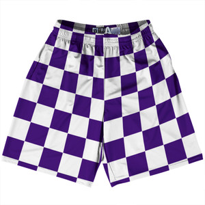 Checkerboard 2.5 Inches Purple Lakers and White Lacrosse Shorts Made In USA - Purple Lakers and White Checkerboard 2.5 Inches Purple Lakers and White Lacrosse Shorts Made In USA - Purple Lakers and White