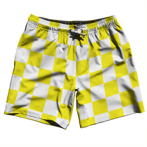 Checkerboard 2.5 Inches Yellow Bright and White Swim Shorts 7" Made in USA - Yellow Bright and White