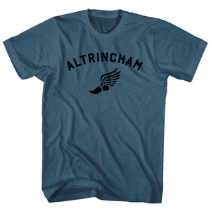 Altrincham Running Track Winged Foot Adult Cotton T-shirt - Lake Blue Altrincham Running Track Winged Foot Adult Cotton T-shirt - Lake Blue