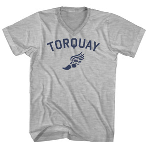 Torquay Running Track Winged Foot Adult Cotton V-neck T-shirt - Grey Heather Torquay Running Track Winged Foot Adult Cotton V-neck T-shirt - Grey Heather