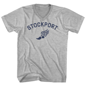 Stockport Running Track Winged Foot Adult Cotton V-neck T-shirt - Grey Heather