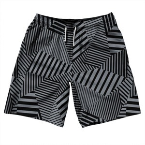 Multiple Lines Pattern 10" Swim Shorts Made in USA - Grey Dark and Black