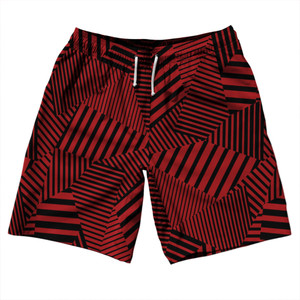 Multiple Lines Pattern 10" Swim Shorts Made in USA - Red Dark and Black