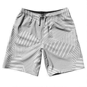 Multiple Lines Pattern 10" Swim Shorts Made in USA - Grey Medium and White