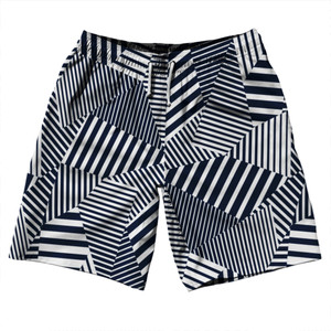 Multiple Lines Pattern 10" Swim Shorts Made in USA - Blue Navy and White