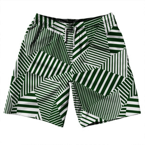 Multiple Lines Pattern 10" Swim Shorts Made in USA - Green Forest and White