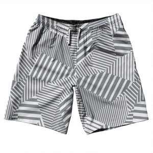Multiple Lines Pattern 10" Swim Shorts Made in USA - Grey Dark and White