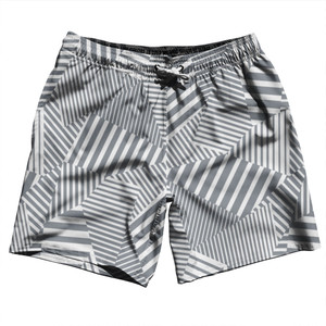 Multiple Lines Pattern Swim Shorts 7" Made in USA - Grey Dark and White