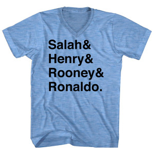 Salah, Henry, Rooney And Ronaldo English League Mount Rushmore Soccer Legends (Black Text) Adult Tri-Blend V-neck T-shirt - Athletic Blue Salah, Henry, Rooney And Ronaldo English League Mount Rushmore Soccer Legends (Black Text) Adult Tri-Blend V-neck T-shirt - Athletic Blue