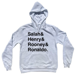 Salah, Henry, Rooney And Ronaldo English League Mount Rushmore Soccer Legends (Black Text) Cotton-Poly Blend Hoodie - White Salah, Henry, Rooney And Ronaldo English League Mount Rushmore Soccer Legends (Black Text) Cotton-Poly Blend Hoodie - White