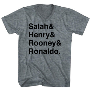 Salah, Henry, Rooney And Ronaldo English League Mount Rushmore Soccer Legends (Black Text) Tri-Blend V-neck Womens Junior Cut T-shirt - Athletic Grey Salah, Henry, Rooney And Ronaldo English League Mount Rushmore Soccer Legends (Black Text) Tri-Blend V-neck Womens Junior Cut T-shirt - Athletic Grey