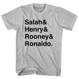 Salah, Henry, Rooney And Ronaldo English League Mount Rushmore Soccer Legends (Black Text) Adult Cotton T-shirt - Grey Heather Salah, Henry, Rooney And Ronaldo English League Mount Rushmore Soccer Legends (Black Text) Adult Cotton T-shirt - Grey Heather
