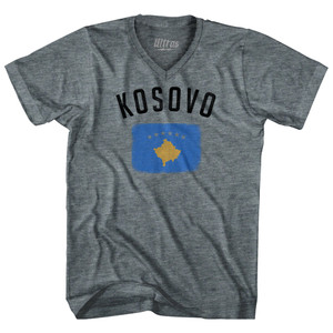 Kosovo Country Flag Heritage Tri-Blend V-neck Womens Junior Cut T-shirt - Athletic Grey