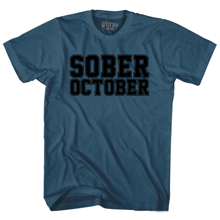 Sober October Adult Cotton T-shirt - Lake Blue