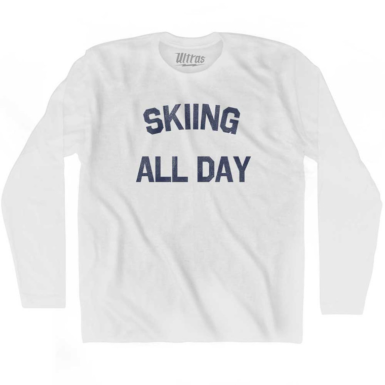 Skiing All Day Adult Cotton Long Sleeve T-shirt - White