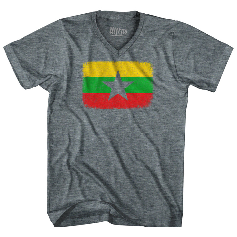 Myanmar Country Flag Adult Tri-Blend V-neck T-shirt - Athletic Grey