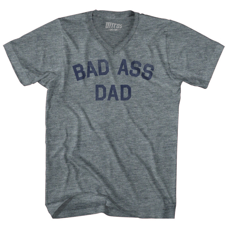 Bad Ass Dad Adult Tri-Blend V-neck T-shirt - Athletic Grey