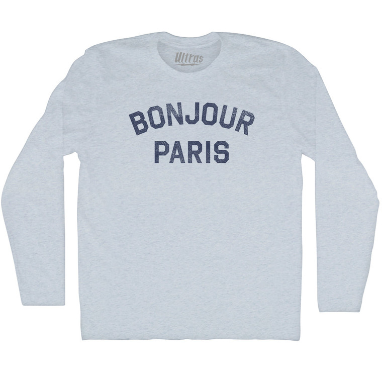 Bonjour Paris Adult Tri-Blend Long Sleeve T-shirt - Athletic White