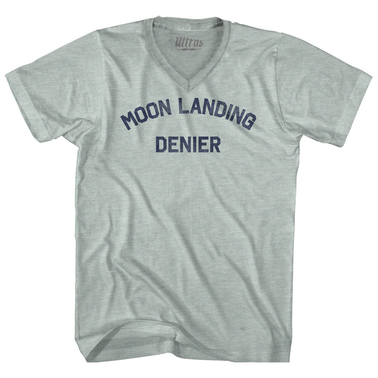 Moon Landing Denier Adult Tri-Blend V-neck T-shirt - Athletic Cool Grey
