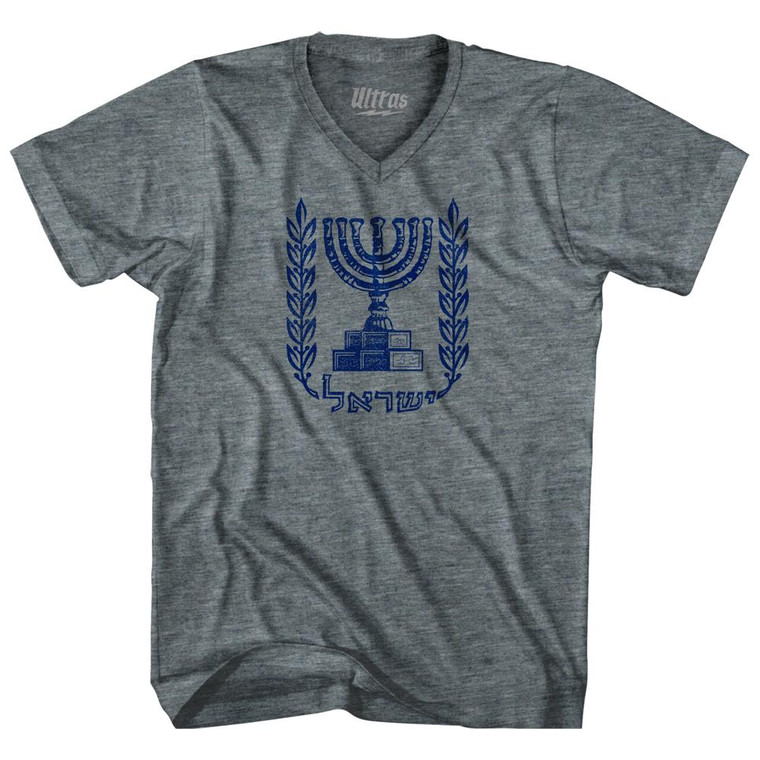 Israel Coat Of Arms Tri-Blend V-Neck Womens Junior Cut T-Shirt - Athletic Grey