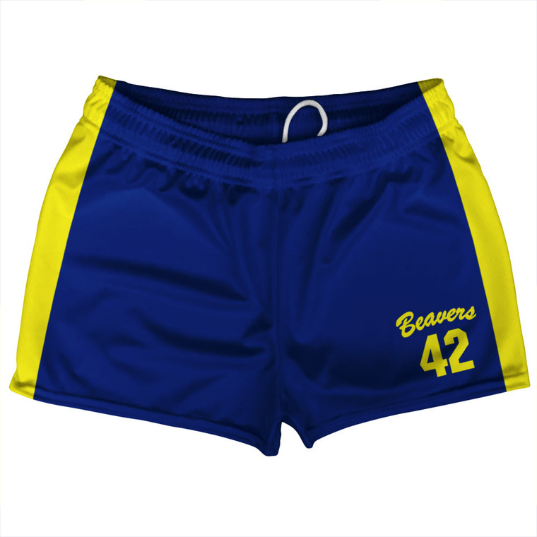 Teen Wolf Beavers Shorty Short Gym Shorts 2.5" Inseam Made In USA - Blue Yellow