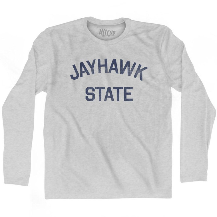 Kansas Jayhawk State Nickname Adult Cotton Long Sleeve T-Shirt - Grey Heather