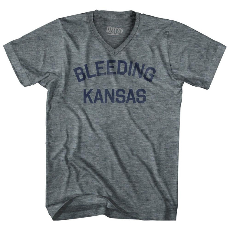 Kansas Bleeding Nickname Adult Tri-Blend V-neck T-shirt - Athletic Grey