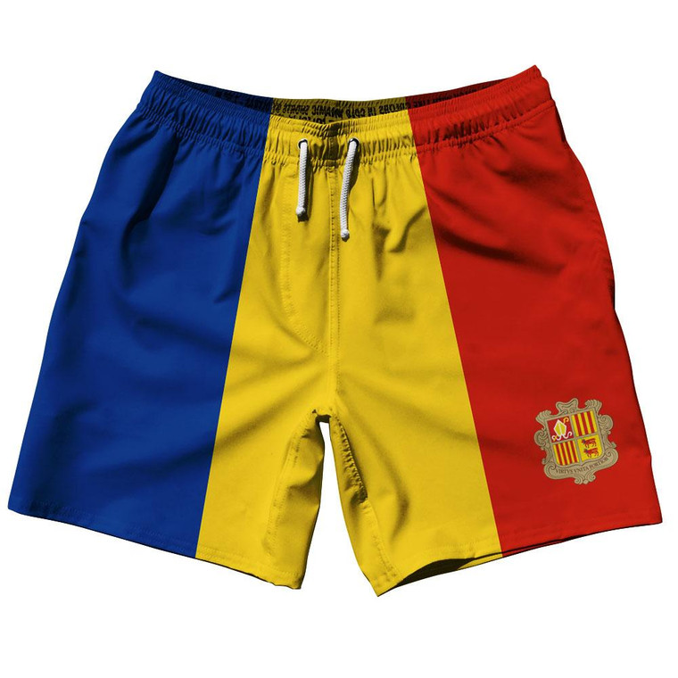 Andorra Country Flag 7.5" Swim Shorts Made in USA - Blue Red Yellow
