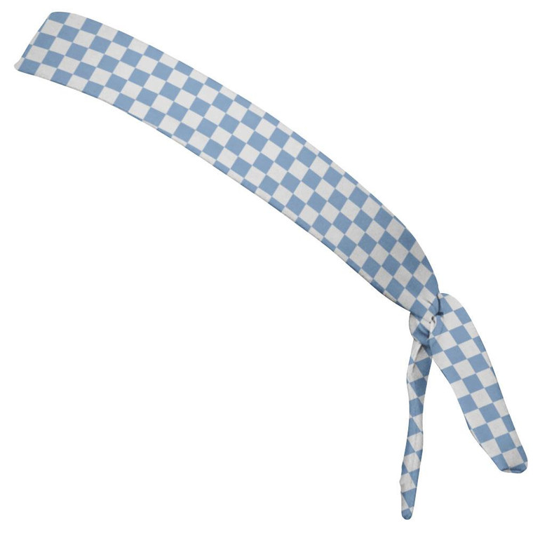 Checkerboard Blue Carolina & White Elastic Tie Running Fitness Skinny Headbands Made in USA - Blue White