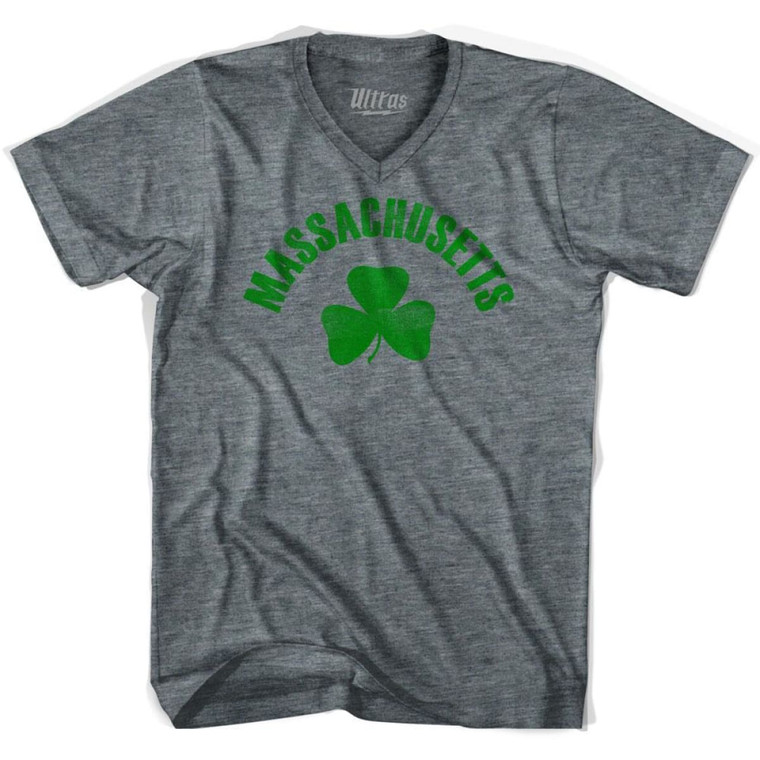 Massachusetts State Shamrock Tri-Blend V-neck Junior Cut Womens T-shirt - Athletic Grey