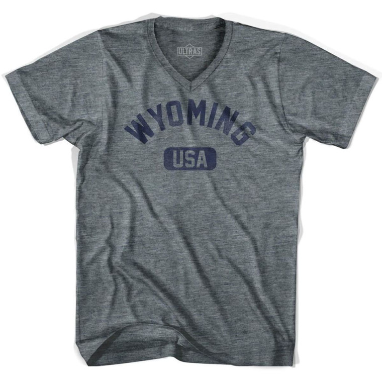 Wyoming USA Adult Tri-Blend V-neck Junior Cut Womens T-shirt - Athletic Grey