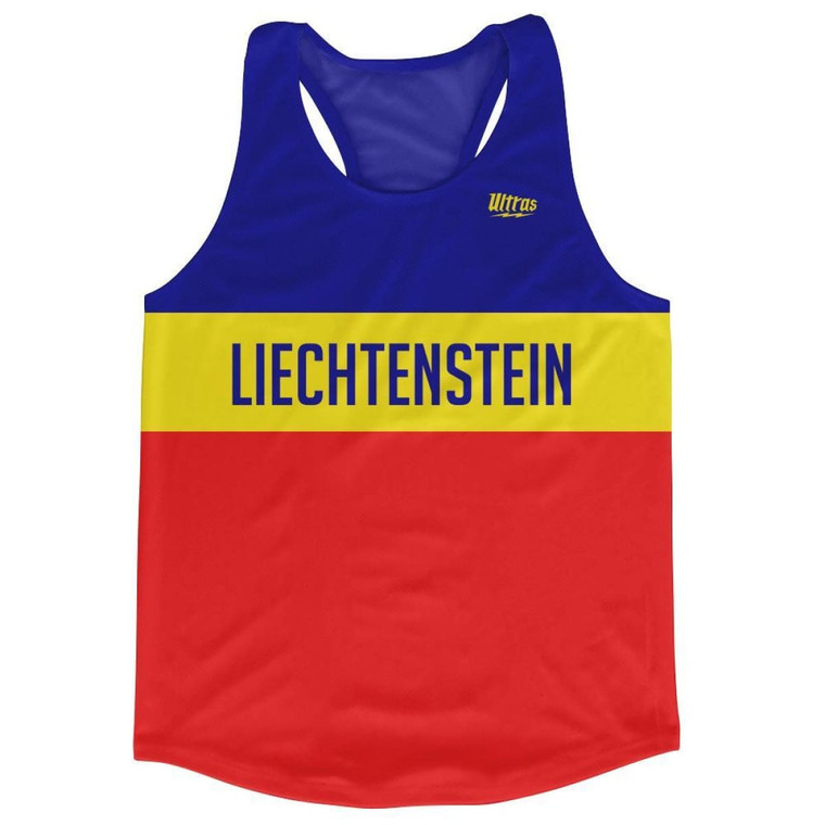 Liechtenstein Country Finish Line Running Tank Top Racerback Track and Cross Country Singlet Jersey Made in USA - Blue Yellow Red