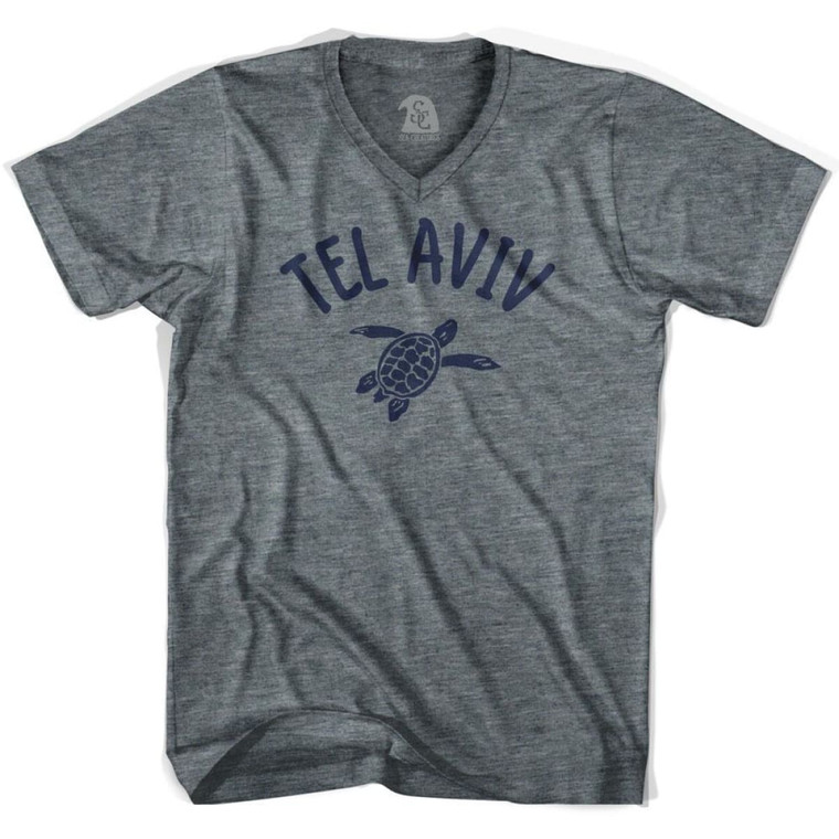Tel Aviv Beach Sea Turtle Adult Tri-Blend V-neck T-shirt - Athletic Grey