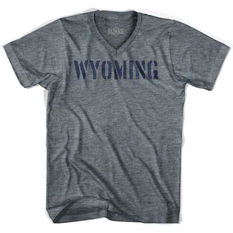 Wyoming State Stencil Adult Tri-Blend V-neck Womens T-shirt - Athletic Grey